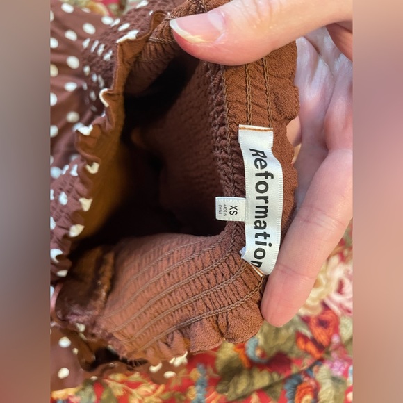 Reformation Meadow Dress in Brown Polka Dot, Vintage Retro Style Midi Dress - Picture 8 of 9